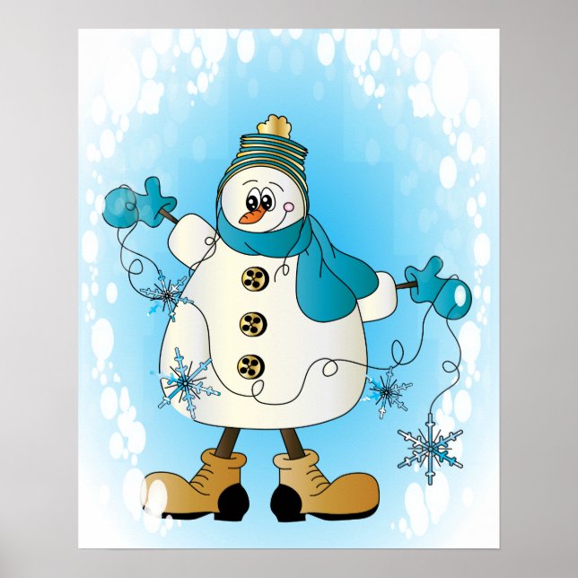 Snowman with Blue Christmas Snowflakes Poster (Front)