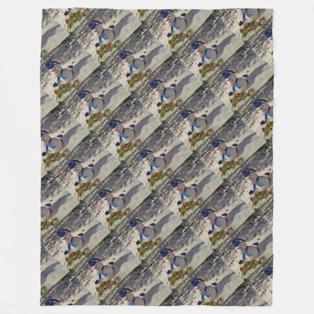 Snowman with Blue hat, gloves and Scarf Fleece Blanket (Front)