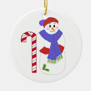 Snowman with Candy Cane Ceramic Tree Decoration