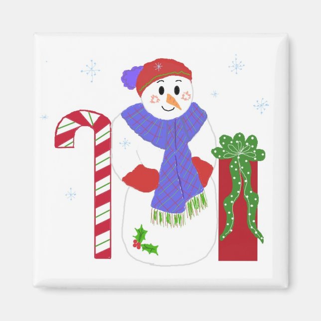 Snowman with Candy Cane Magnet (Front)