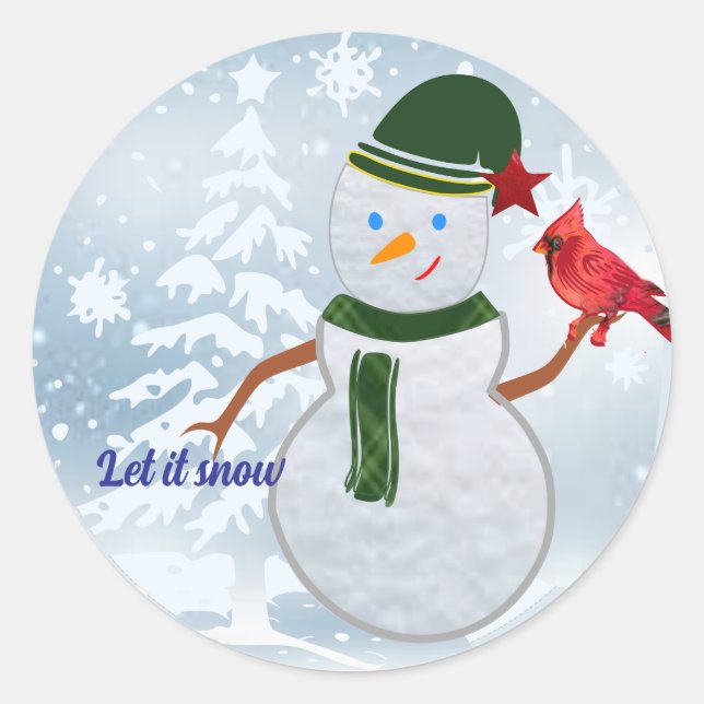 snowman with cardinal classic round sticker (Front)