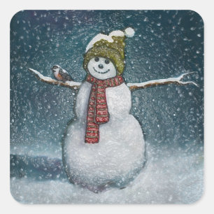 Snowman With Chickadee: Winter Scene Square Sticker