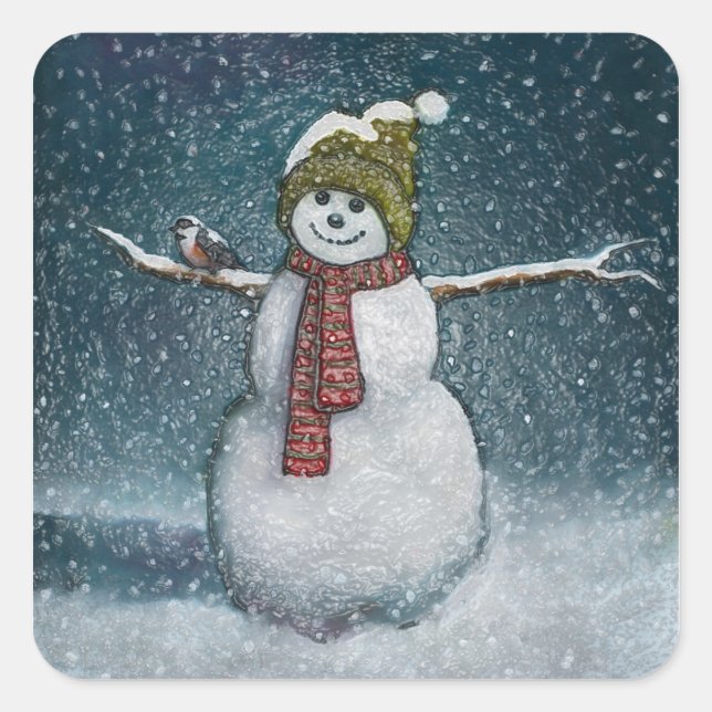 Snowman With Chickadee: Winter Scene Square Sticker (Front)