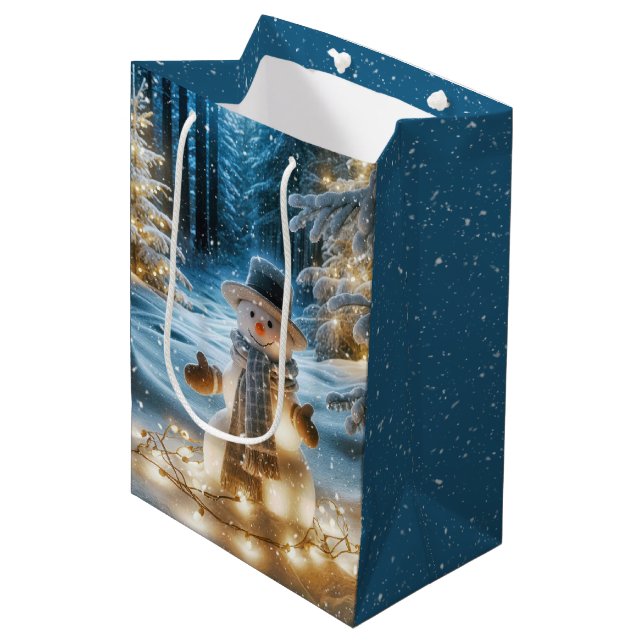 Snowman With Christmas Lights Medium Gift Bag (Front Angled)