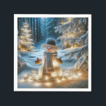 Snowman With Christmas Lights Napkin<br><div class="desc">A cheerful snowman wearing a scarf and hat stands in a snowy forest surrounded by illuminated trees with Christmas lights</div>