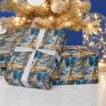 Snowman With Christmas Lights Wrapping Paper<br><div class="desc">A cheerful snowman wearing a scarf and hat stands in a snowy forest surrounded by illuminated trees with Christmas lights</div>