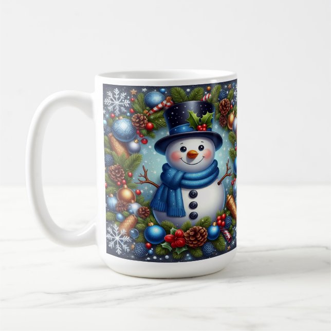 Snowman With Christmas Ornaments and Pinecones Coffee Mug (Left)