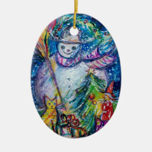 SNOWMAN WITH CHRISTMAS TREE AND TOYS CERAMIC TREE DECORATION