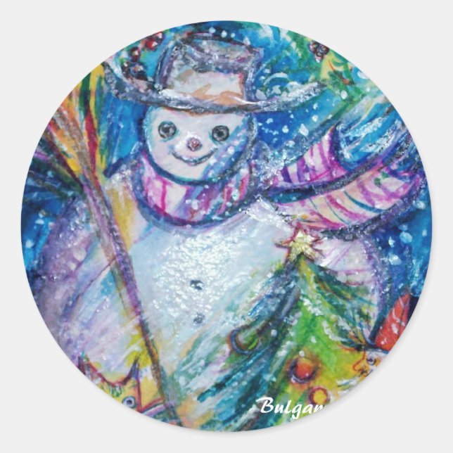 SNOWMAN WITH CHRISTMAS TREE AND TOYS CLASSIC ROUND STICKER (Front)