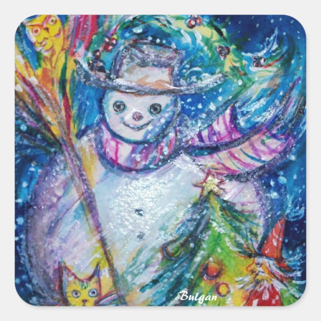 SNOWMAN WITH CHRISTMAS TREE AND TOYS IN WINTER SQUARE STICKER (Front)