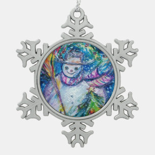 SNOWMAN WITH CHRISTMAS TREE AND TOYS SNOWFLAKE PEWTER CHRISTMAS ORNAMENT