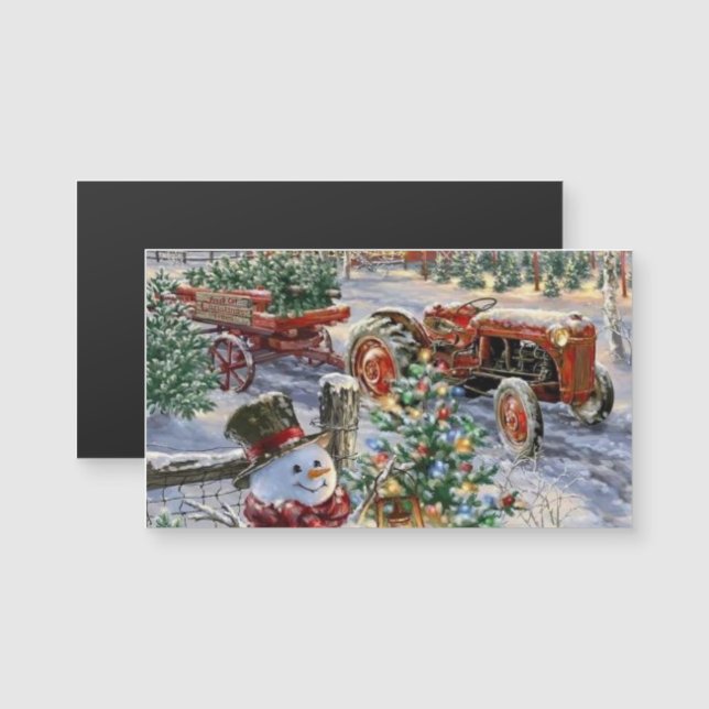 Snowman with Christmas Tree and Tractor Magnet (Front/Back)