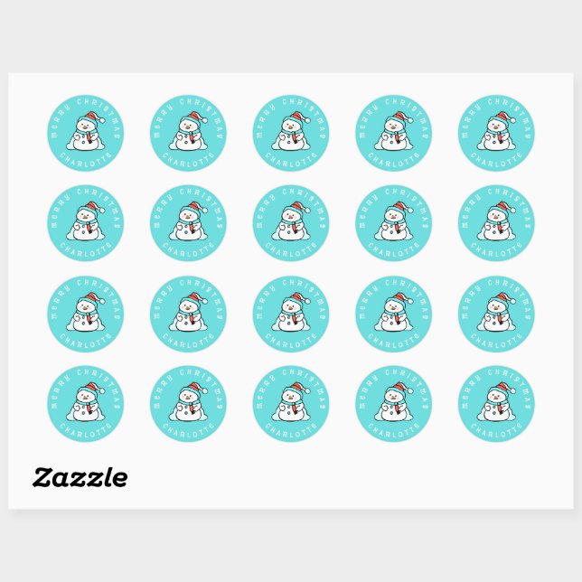 Snowman With Custom Name | Christmas Turquoise Classic Round Sticker (Sheet)