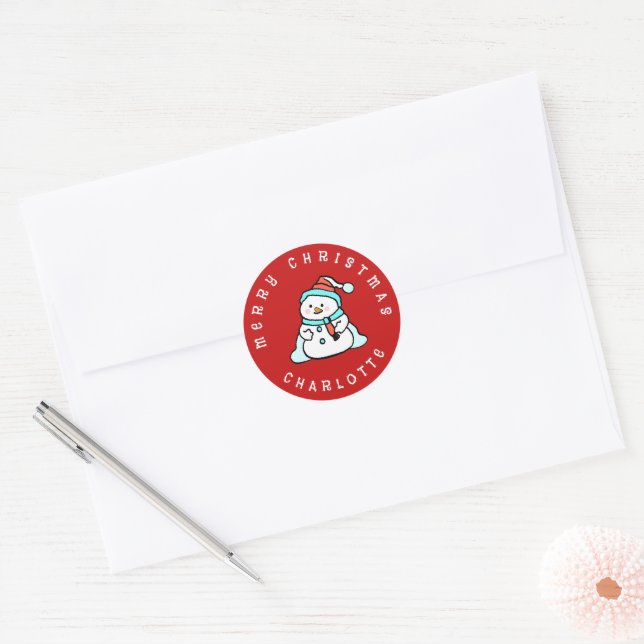 Snowman With Custom Name | Cute Red Christmas Classic Round Sticker (Envelope)