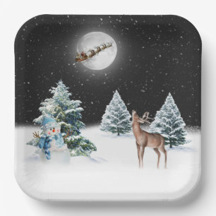 Snowman with Deer and Santa Claus Sleigh Paper Plate