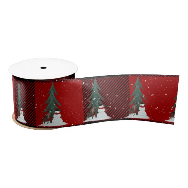 Snowman with Deer in Snowflakes Satin Ribbon (Spool)