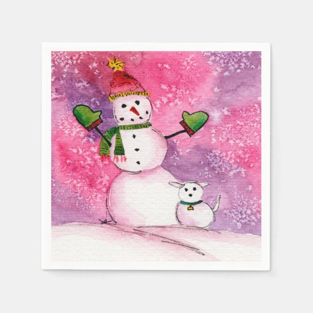 Snowman with Dig Cocktail Paper Napkin (Front)