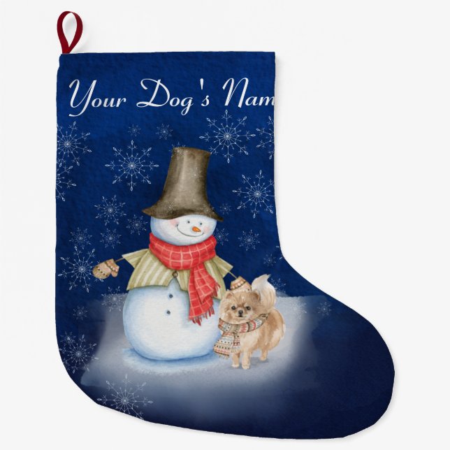 Snowman with dog- Pomeranian Lover Large Christmas Large Christmas Stocking (Front)