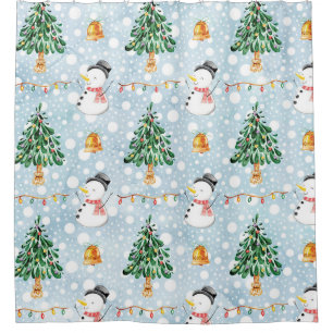 Snowman With Fir Tree In Watercolor Pattern Shower Curtain
