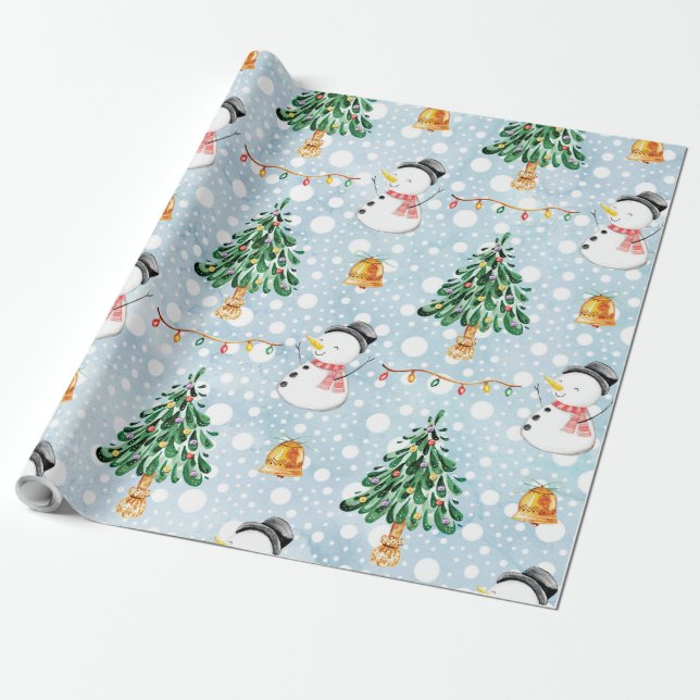 Snowman With Fir Tree In Watercolor Pattern Wrapping Paper (Unrolled)