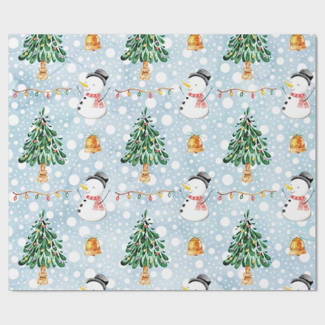 Snowman With Fir Tree In Watercolor Pattern Wrapping Paper (Flat)