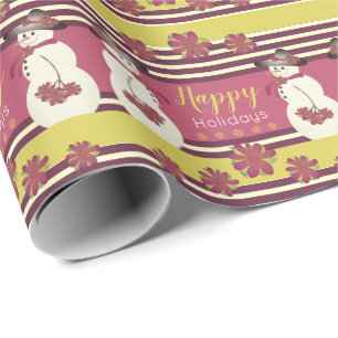 Snowman With Floral And Stripe Wrapping Paper