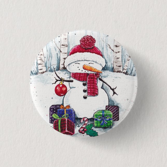 Snowman With Gifts In Watercolor  3 Cm Round Badge (Front)