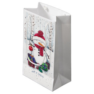 Snowman With Gifts In Watercolor Small Gift Bag