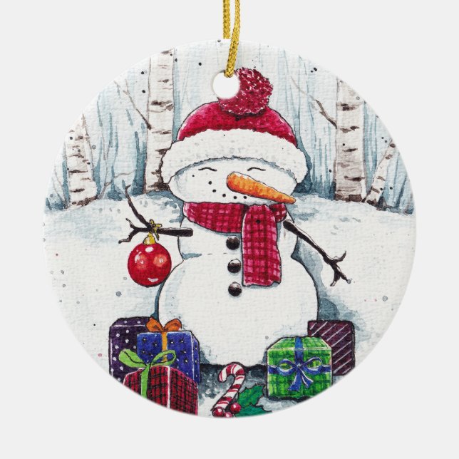 Snowman With Gifts In Wsstercolor   Ceramic Ornament (Front)
