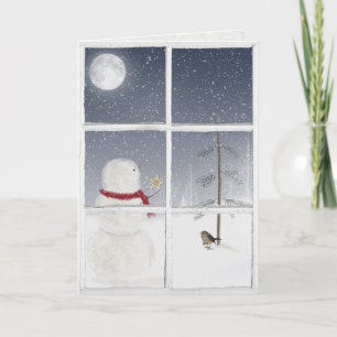 snowman with gold Christmas star in window Card