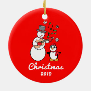 Snowman with Guitar and Penguin Year Customisable Ceramic Ornament