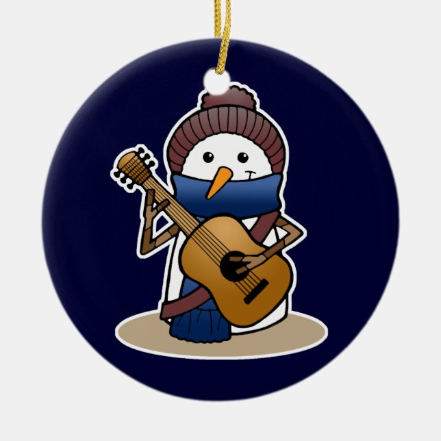 Snowman with Guitar Ceramic Ornament (Front)
