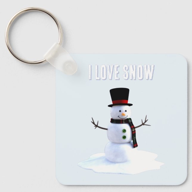 Snowman with hat and scarf. I Love Snow Key Ring (Front)