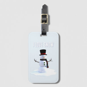 Snowman with hat and scarf. I Love Snow Luggage Tag