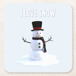 Snowman with hat and scarf. I Love Snow Square Paper Coaster