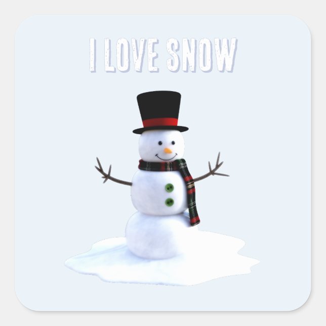 Snowman with hat and scarf. I Love Snow Square Sticker (Front)