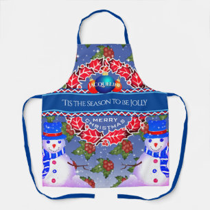 Snowman with Holly Berries and YOUR NAME on BLUE Apron