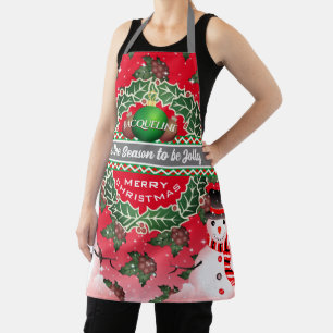 Snowman with Holly Berries and YOUR NAME on RED Apron