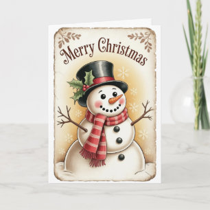 Snowman with Holly Hat & Striped Scarf Christmas Card