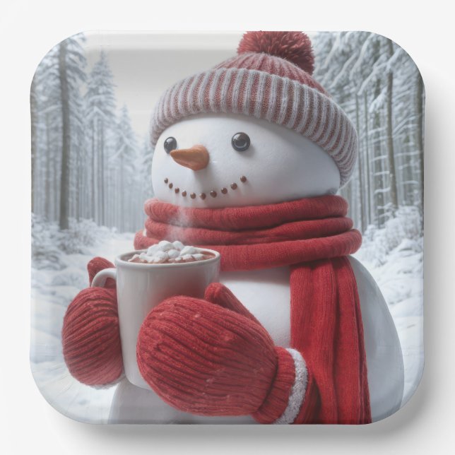 Snowman With Hot Chocolate Paper Plate (Front)