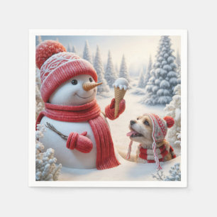Snowman With Ice Cream Cone and Dog Napkin