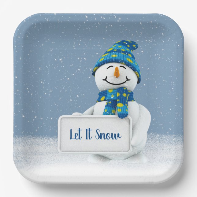 Snowman with LET IT SNOW Sign Paper Plate (Front)