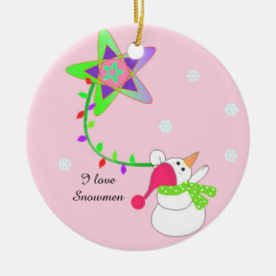 Snowman with Lights and a Star Ceramic Tree Decoration