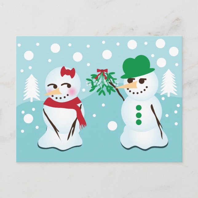 Snowman with Mistletoe Wanting a Kiss Postcard (Front)