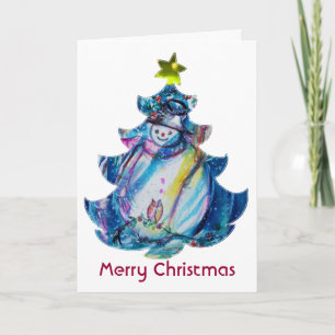 SNOWMAN WITH OWL AND CHRISTMAS TREE HOLIDAY CARD