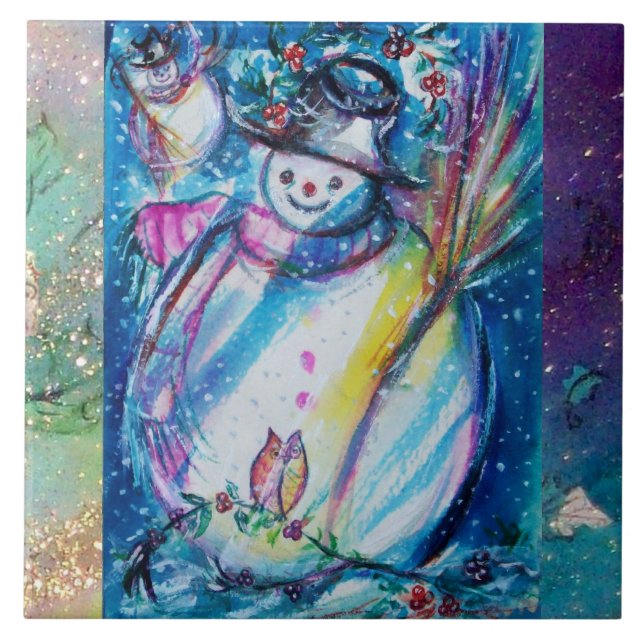 SNOWMAN WITH OWL Christmas Ceramic Tile (Front)