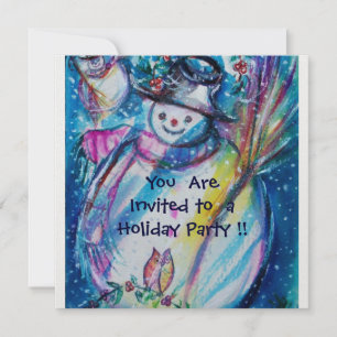 SNOWMAN WITH OWL , HOLIDAY PARTY Ice Metallic Invitation