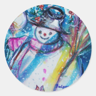 SNOWMAN WITH OWL IN WINTER NIGHT CLASSIC ROUND STICKER