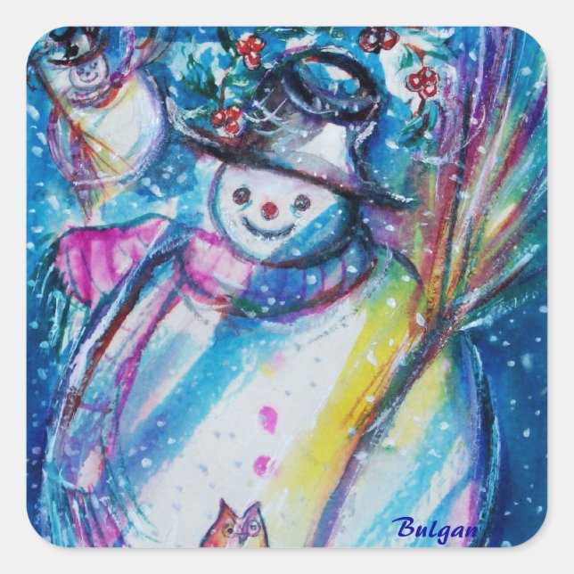 SNOWMAN WITH OWL IN WINTER NIGHT SQUARE STICKER (Front)