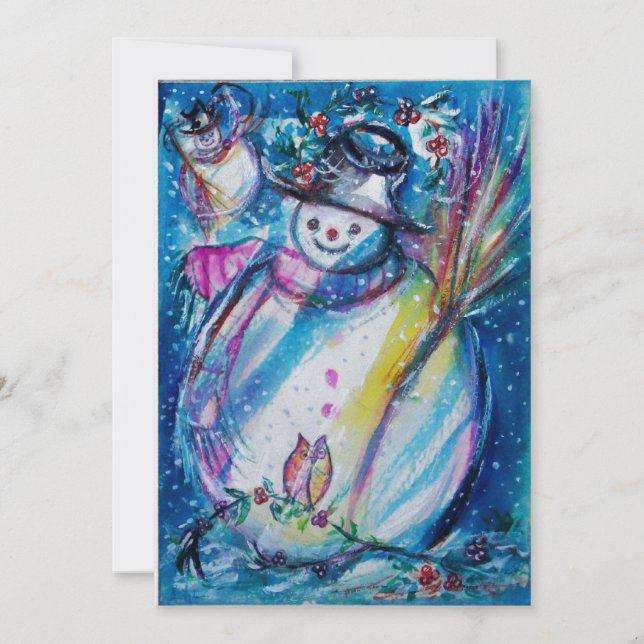 SNOWMAN WITH OWL,New Year's Eve Party Ice Metallic Invitation (Front)